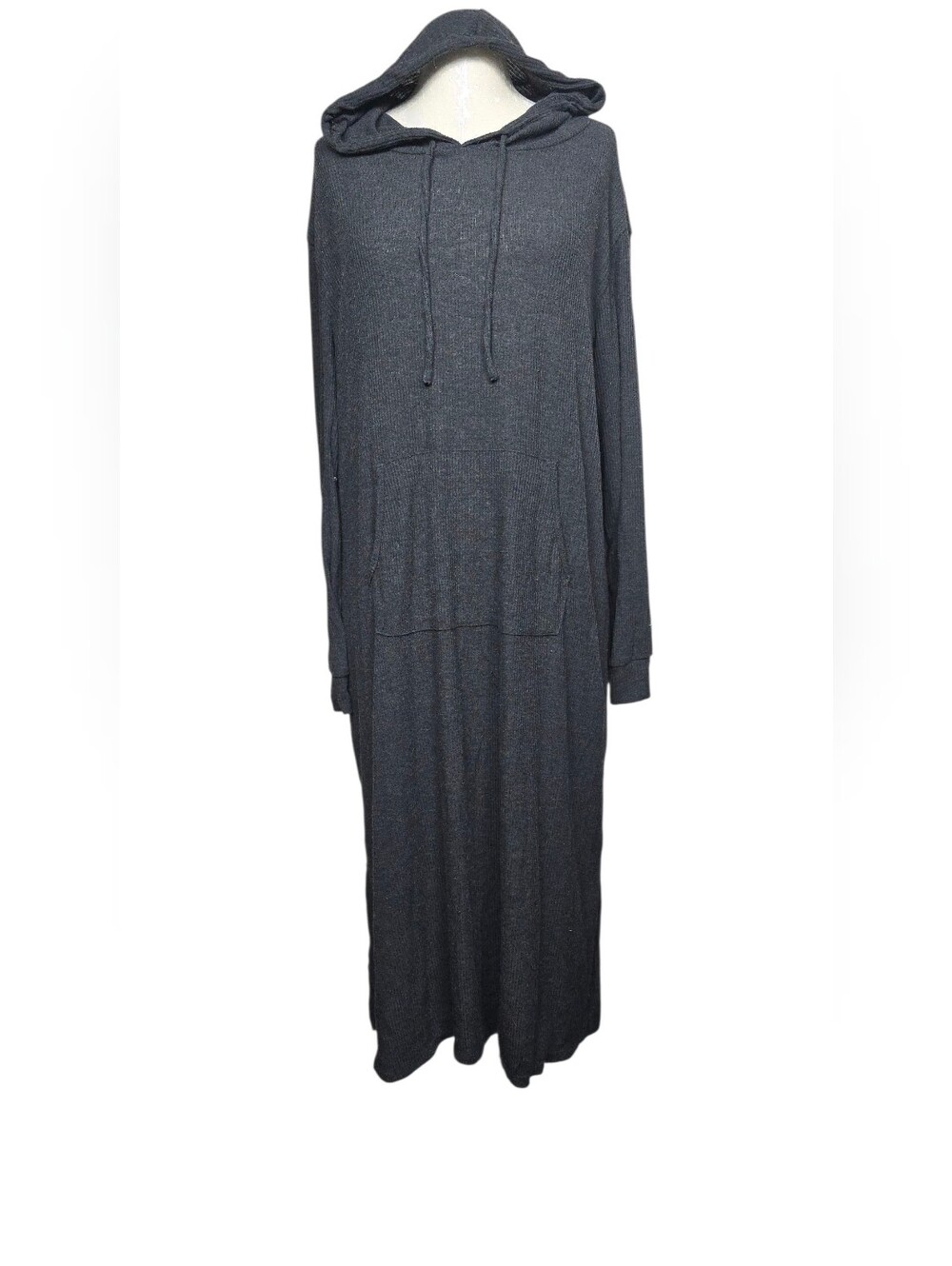 Joyspun Ribbed Knit Hooded Maxi Lounger Dress Charcoal Gray Women’s XL